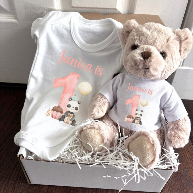 Personalised Girls 1st Birthday Panda Gift Hamper - Teddy & Baby Vest