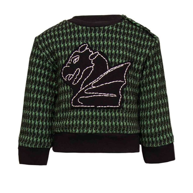 Black and Green Pied De Poule Baby Sweatshirt with Dragon Appliqué