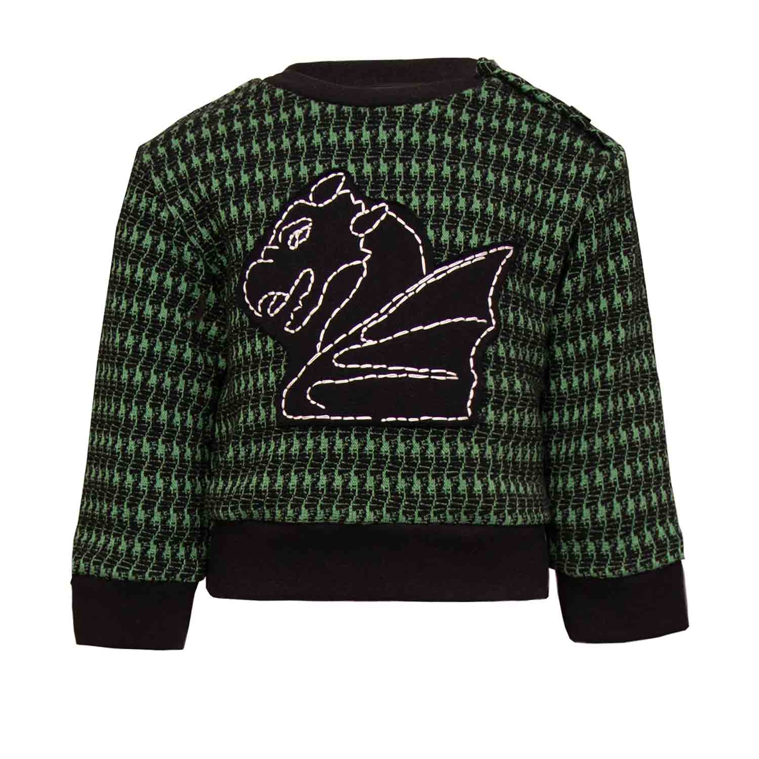 Black and Green Pied De Poule Baby Sweatshirt with Dragon Appliqué